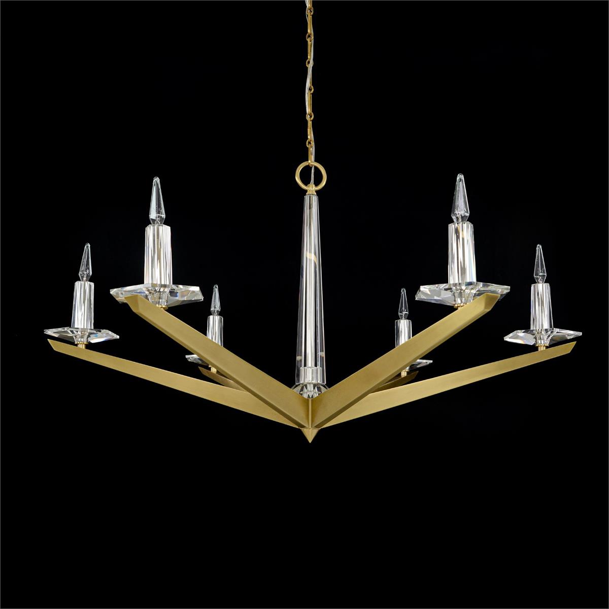 Large Six-Light Brass Crystal Chandelier