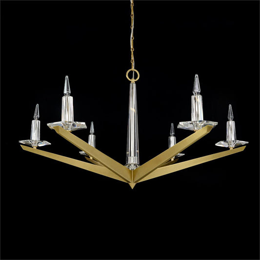 Large Six-Light Brass Crystal Chandelier