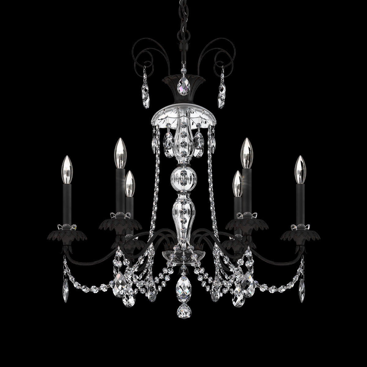 Six-Light Gold Brass Crystal Chandelier / Black