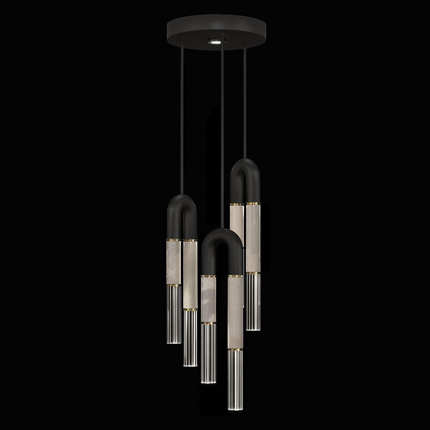16-Inch Triple-Drop Glass Pendant / Black / Brass / Smoke