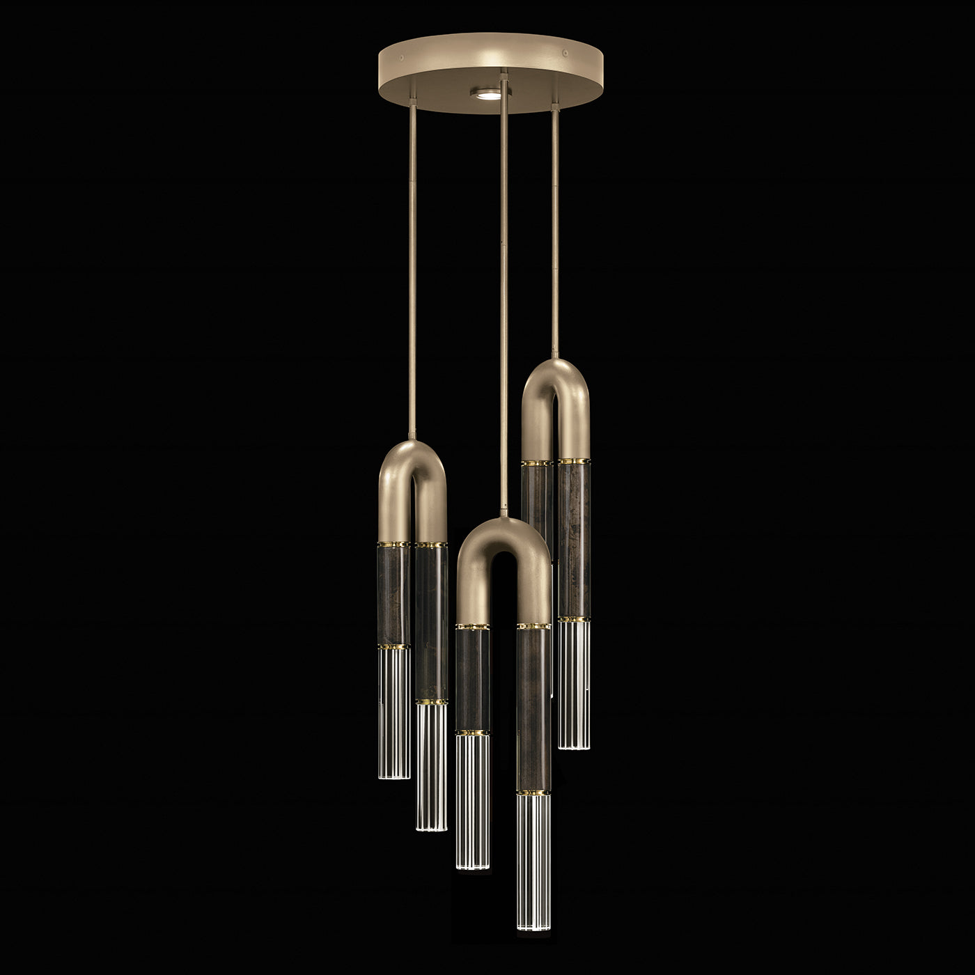 16-Inch Triple-Drop Glass Pendant / Soft Gold Leaf / Brass / Charcoal