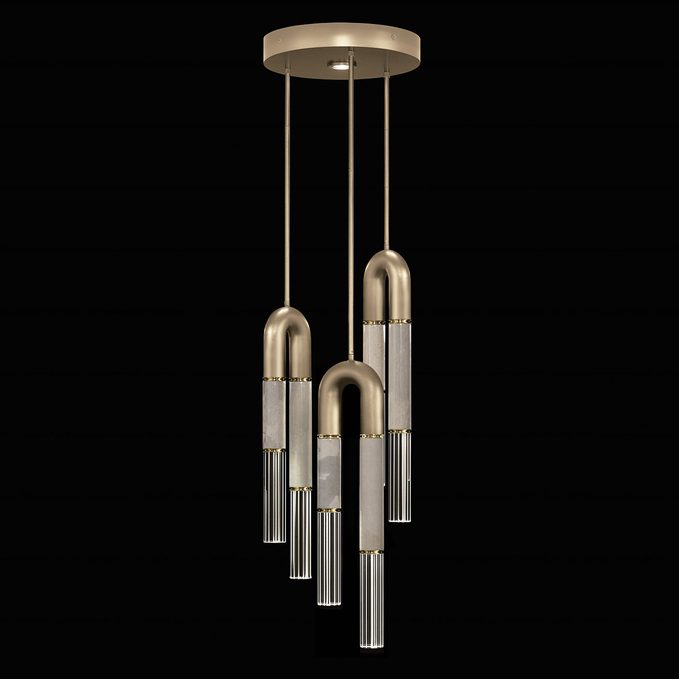 16-Inch Triple-Drop Glass Pendant / Soft Gold Leaf / Brass / Smoke
