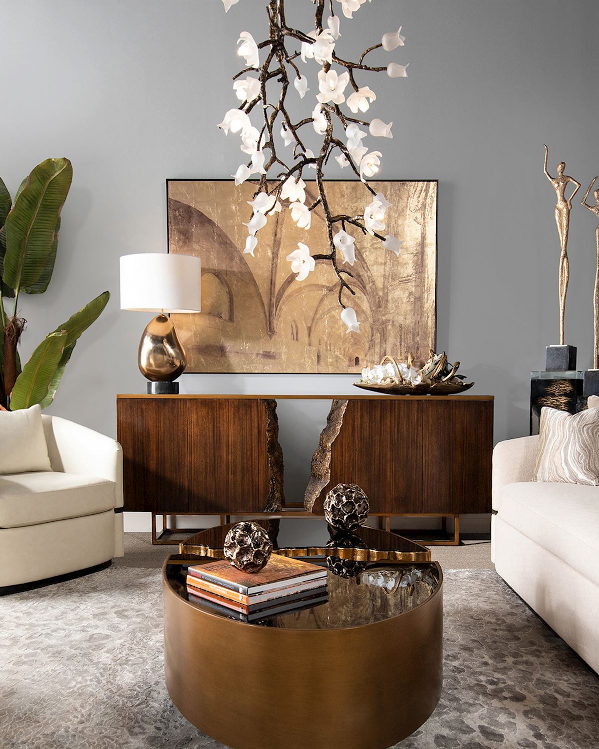 21-Light Bronze Floral Glass Chandelier