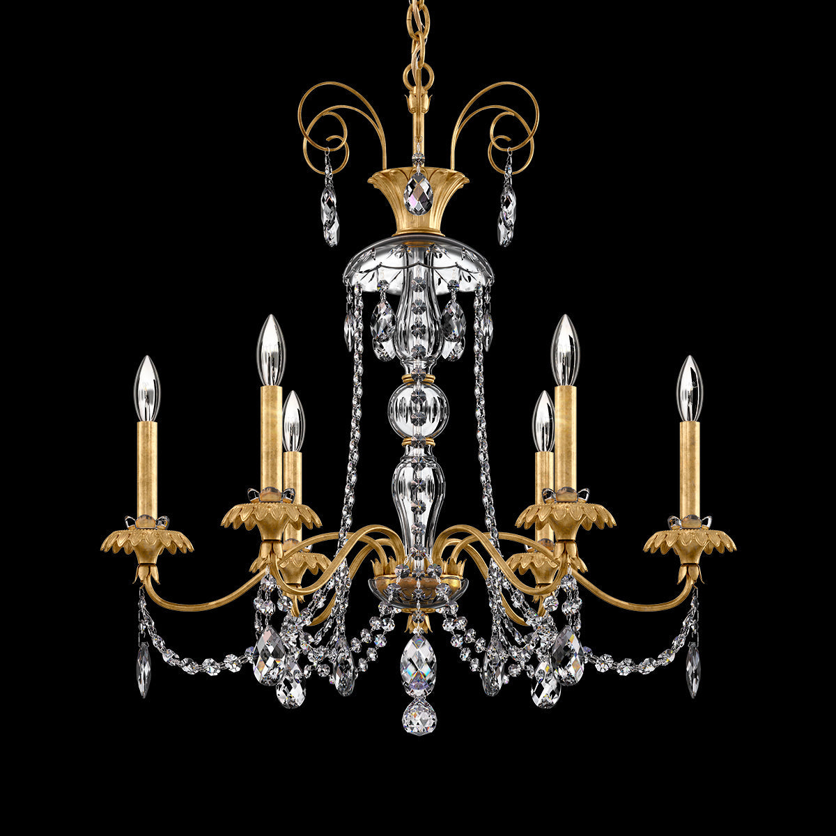 Six-Light Gold Brass Crystal Chandelier / Heirloom Gold