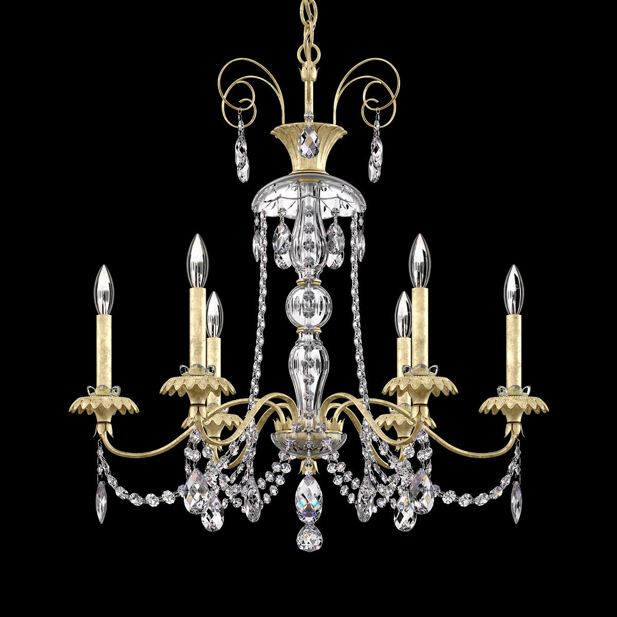 Six-Light Gold Brass Crystal Chandelier / Heirloom Silver