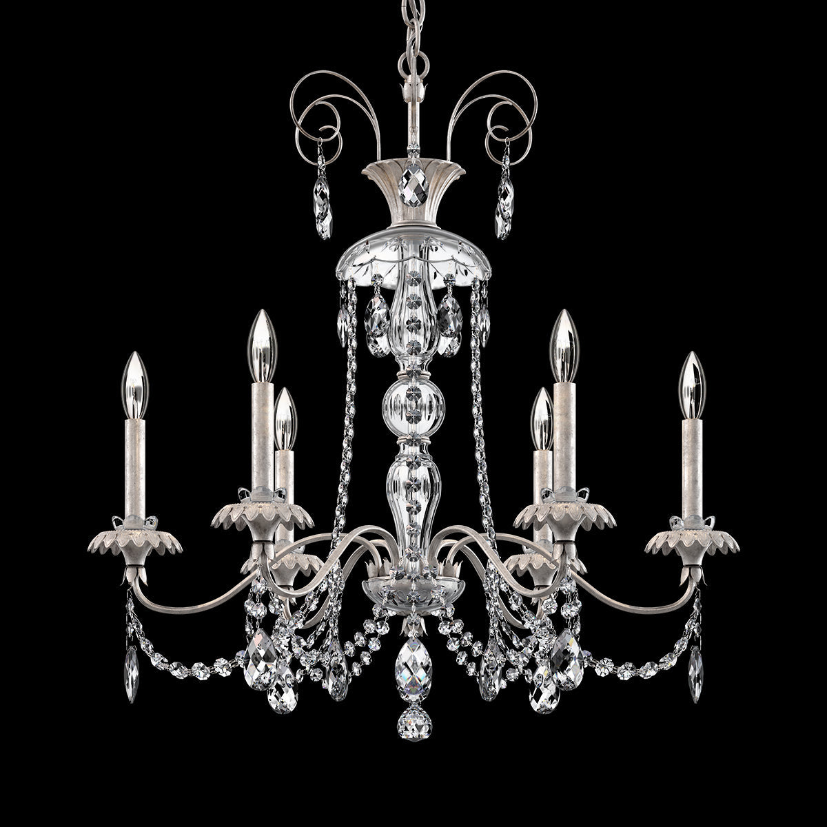 Six-Light Gold Brass Crystal Chandelier / Antique Silver